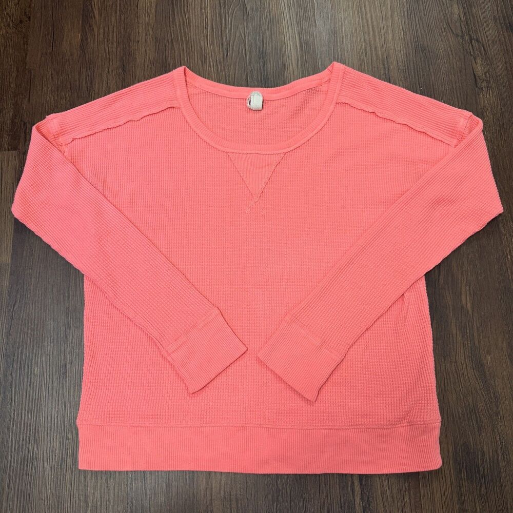 Free People We the Free Coral Pink Thermal Waffle Knit Pullover Boho